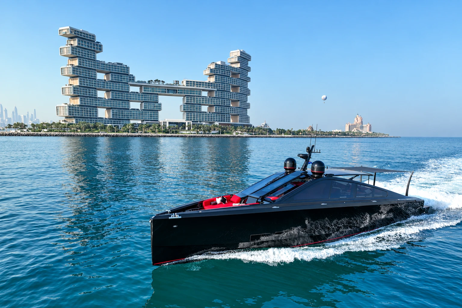 Black Shark motor yacht cruising off Palm Jumeirah, Dubai